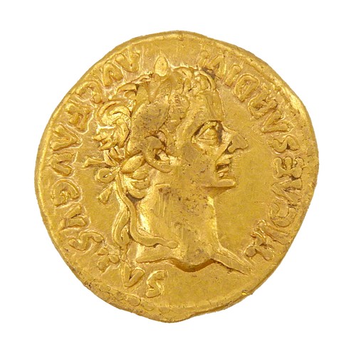 34 - An ancient Roman hammered gold aureus coin, Tiberius (AD 14-37), mint of Lugdunum, the obverse inscr... 