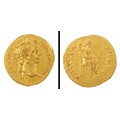 An ancient Roman hammered gold aureus coin, Tiberius (AD 14-37), mint of Lugdunum, the obverse inscr... 