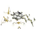 A group of vintage metal light fittings, comprising a black painted eight light chandelier, 47 by 47... 
