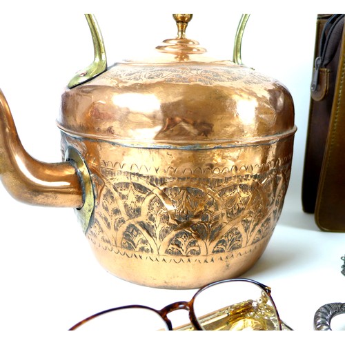 108 - A group of mixed collectables and metal wares, comprising a large copper kettle, two silver plated t... 