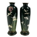 A pair of Japanese cloisonné enamelled vases, early to mid 20th century, on midnight blue grounds, i... 