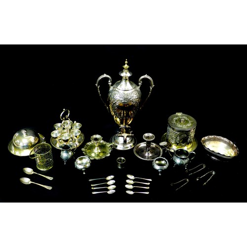 96 - A collection of silver plated items, including a samovar, 47.5cm high, biscuit barrel, six egg cup s... 