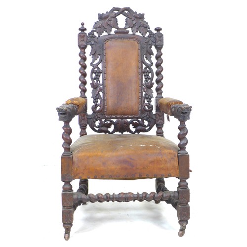 230 - An oak 19th century armchair, with pierced carved foliate designed back, barley twist supports, carv... 