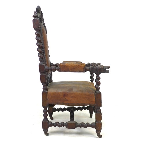 230 - An oak 19th century armchair, with pierced carved foliate designed back, barley twist supports, carv... 