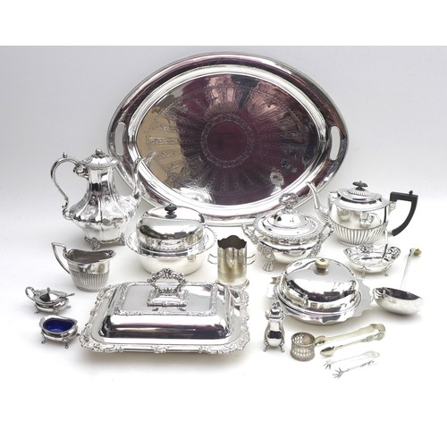 99 - A collection of silver plated items, including 19th century oval tray, coffee pot, teapot, muffin di... 