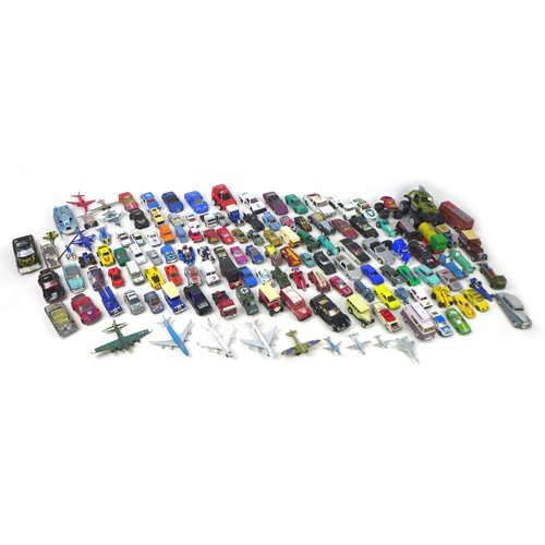 106A - A large collection of playworn Dinky and Corgi toy cars, together with a group of plastic and metal ... 