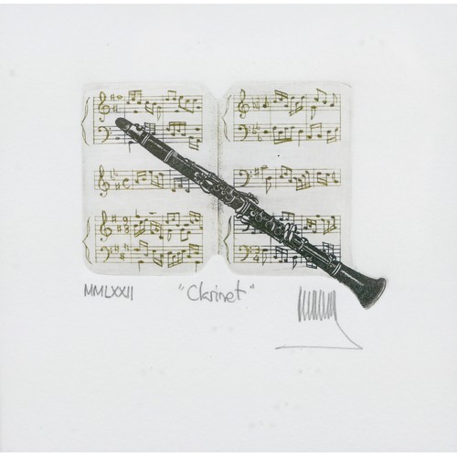 4 - A modern print of a clarinet and sheet music, 'Clarinet', MMLXXII, 12 by 12cm, mounted, glazed and f... 