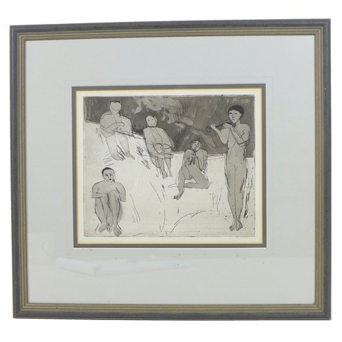 25 - Patrick Procktor (British, 1936-2003): a monochrome etching, depicting four nude figures sitting dow... 