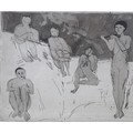 Patrick Procktor (British, 1936-2003): a monochrome etching, depicting four nude figures sitting dow... 