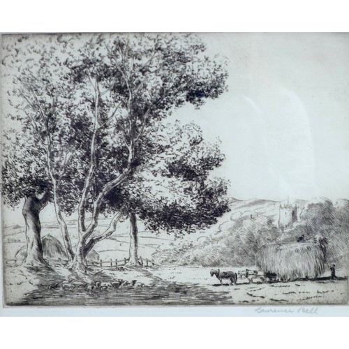 11 - A group of three etchings, two by Laurence Bell, depicting a horse and cart harvesting, and a fisher... 