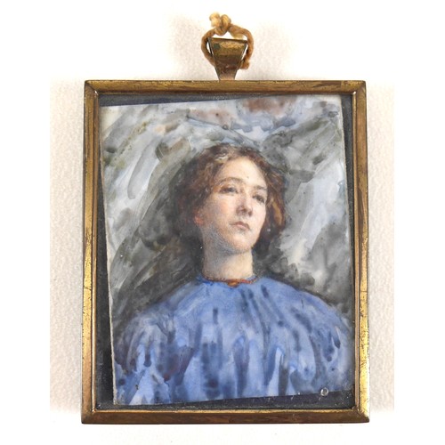 73 - British School (early 20th century): a portrait miniature, depicting a girl wearing a blue dress, oi... 