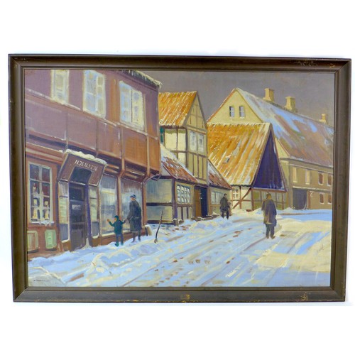 104 - Danish School (20th century): a snowy street scene, oil on canvas, signed indistinctly lower left, 9... 