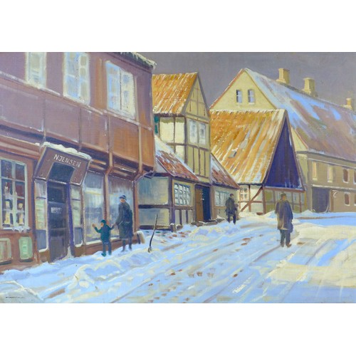 104 - Danish School (20th century): a snowy street scene, oil on canvas, signed indistinctly lower left, 9... 