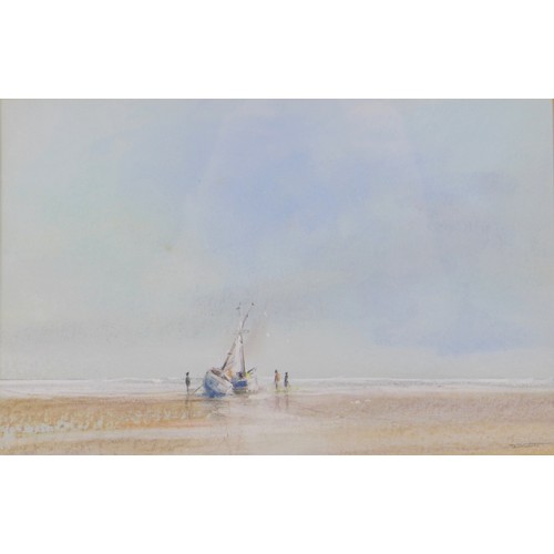 52 - J. Scott (British, 20th century): two boats on a beach, watercolour, signed lower right, 21 by 32cm,... 