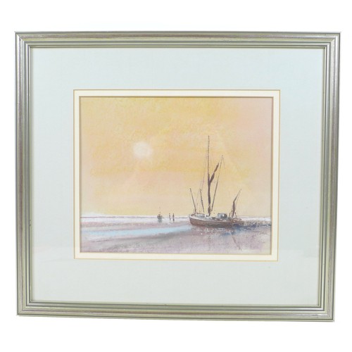 52 - J. Scott (British, 20th century): two boats on a beach, watercolour, signed lower right, 21 by 32cm,... 