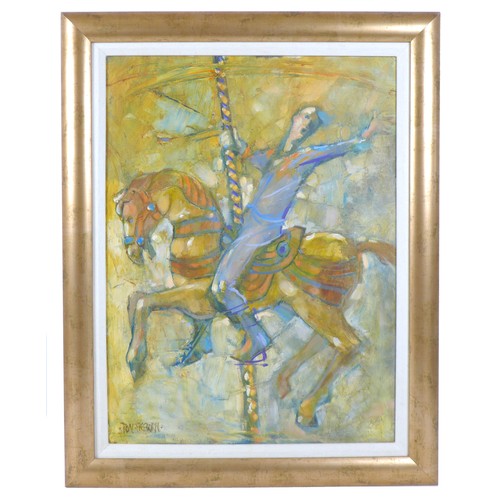 103 - Ron Freeborn (British, 1936-2021): a lively painting of a man enthusiastically riding a carousel hor... 