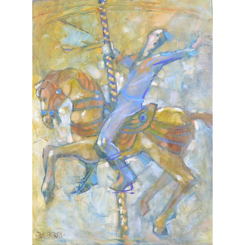 103 - Ron Freeborn (British, 1936-2021): a lively painting of a man enthusiastically riding a carousel hor... 