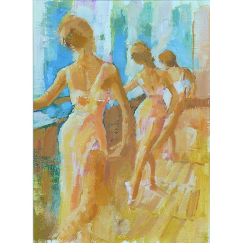 78 - Derek Jones (British, b.1945): 'Three Graces', oil on canvas, depicting three ballerinas at the barr... 