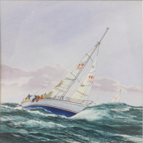 60 - Neil Hopkins (British, b.1942): 'Heavy Seas', watercolour of a leaning yacht on rough seas, signed i... 