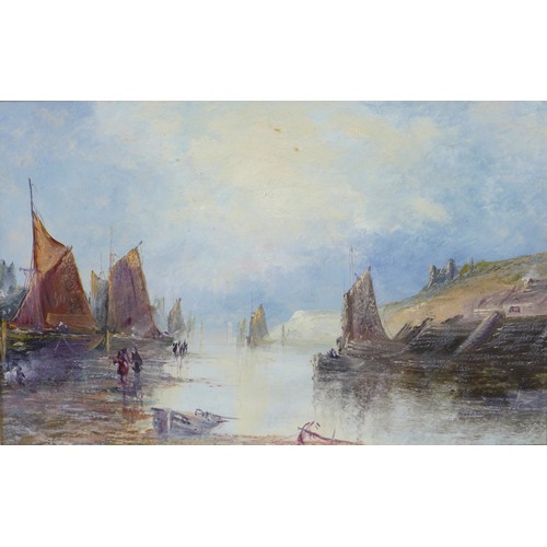 92 - British School (19th century): river scene, with sailboats and rowing boats moored up along the rive... 