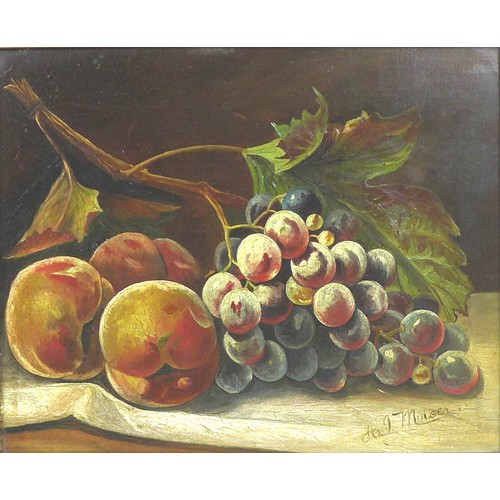 82 - A pair of still life paintings of fruit, comprising a painting of peaches and grapes, oil on canvas,... 