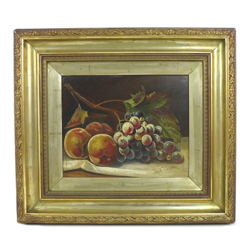 82 - A pair of still life paintings of fruit, comprising a painting of peaches and grapes, oil on canvas,... 