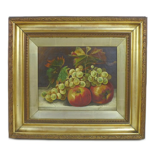 82 - A pair of still life paintings of fruit, comprising a painting of peaches and grapes, oil on canvas,... 