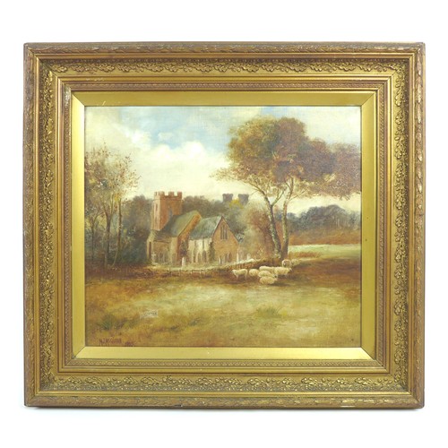 83 - An early 20th century countryside scene, depicting a church surrounded by fields and woodland, with ... 