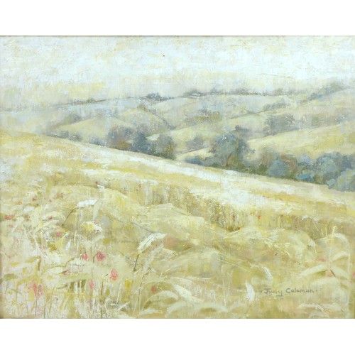 85 - Judy Coleman (b.1938): 'Harvest Harmony', a landscape painting of country hillsides, with poppies to... 