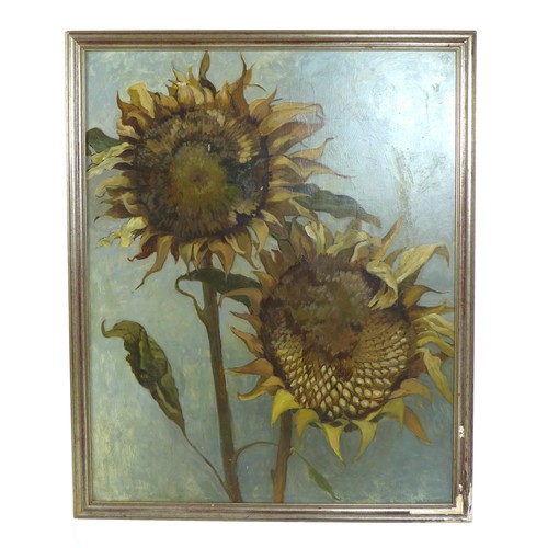 86 - British School (20th century): still life of two wilting sunflowers, oil on board, signed 'H Veasey'... 