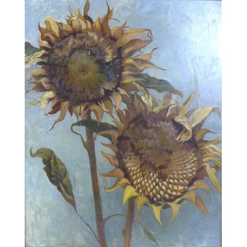 86 - British School (20th century): still life of two wilting sunflowers, oil on board, signed 'H Veasey'... 