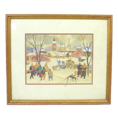 62 - A watercolour of a Dutch/Soviet village scene, framed and glazed.