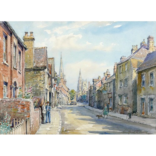Wilfrid Rene Wood (British, 1888-1976): a view of Stamford, depicting St Peter’s Street, watercolour, signed and dated '55' lower right, 21 by 29.5cm, mounted, unframed.