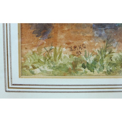 57 - A group of three late 19th century watercolours, comprising a painting of a woman sitting on a river... 