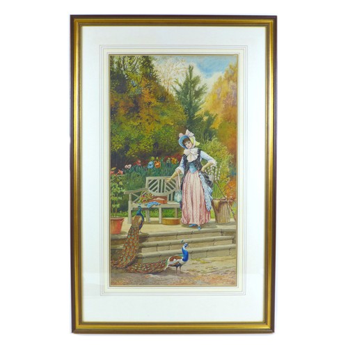 67 - J. Lowe (British School, early 20th century): depicting a woman stood in a garden feeding two peacoc... 