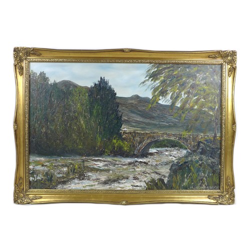 95 - M. B. Turner (British School, 20th century): landscape view, depicting a fast flowing river, with a ... 