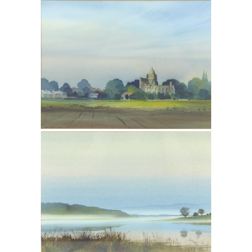 44 - Peter Akin (British, 20th century): Two landscape watercolours, the first looking out over fields, w... 