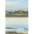 Peter Akin (British, 20th century): Two landscape watercolours, the first looking out over fields, w... 