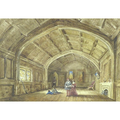 50 - British School (early 20th century): an interior scene depicting a domestic Tudor room with a vaulte... 