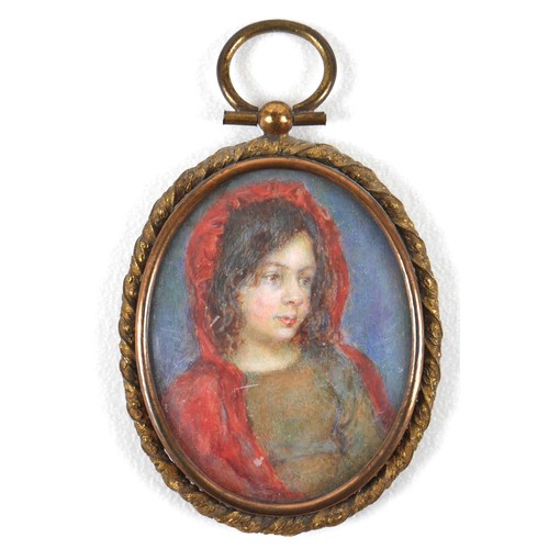 74 - British School (late 19th century): an oval portrait miniature, depicting a young girl wearing a red... 