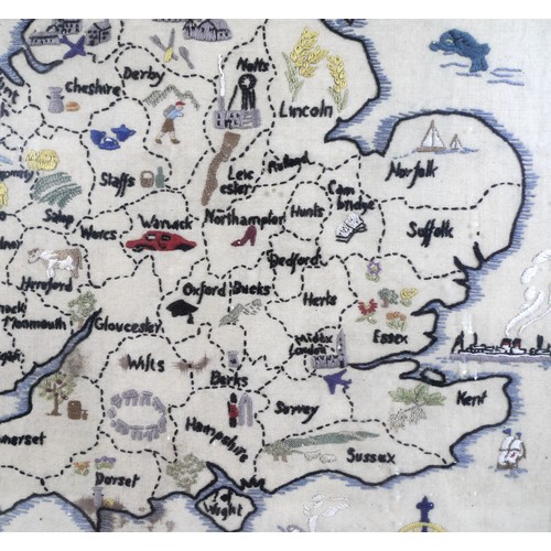 17A - A vintage embroidered 'Map of England & Wales', showing the individual counties and the local indust... 