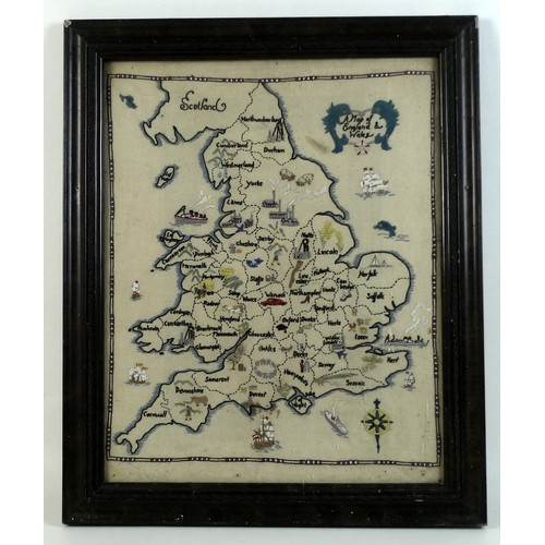 17A - A vintage embroidered 'Map of England & Wales', showing the individual counties and the local indust... 