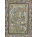 An early to mid 20th century Indian gouache on silk, depicting a figural scene with a floral border,... 