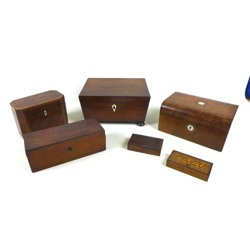 74 - A group of six 19th century wooden boxes, including a tea caddy and sewing box, 23.4 by 28.5 by 14.5... 