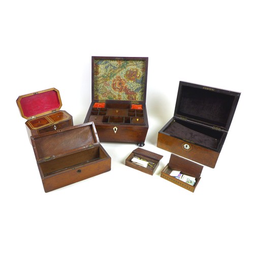 74 - A group of six 19th century wooden boxes, including a tea caddy and sewing box, 23.4 by 28.5 by 14.5... 