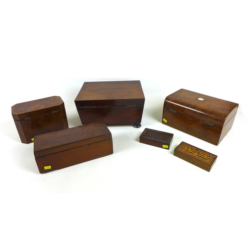 74 - A group of six 19th century wooden boxes, including a tea caddy and sewing box, 23.4 by 28.5 by 14.5... 