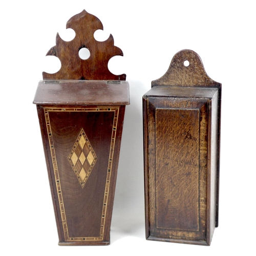 100 - Two Georgian wall hanging candle boxes, comprising a Georgian mahogany and satinwood inlaid box, wit... 