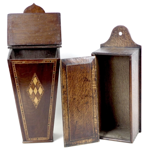 100 - Two Georgian wall hanging candle boxes, comprising a Georgian mahogany and satinwood inlaid box, wit... 