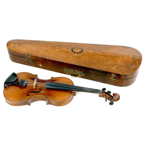 119 - Five early 20th century and later violins, including an early 20th century violin and a 19th century... 