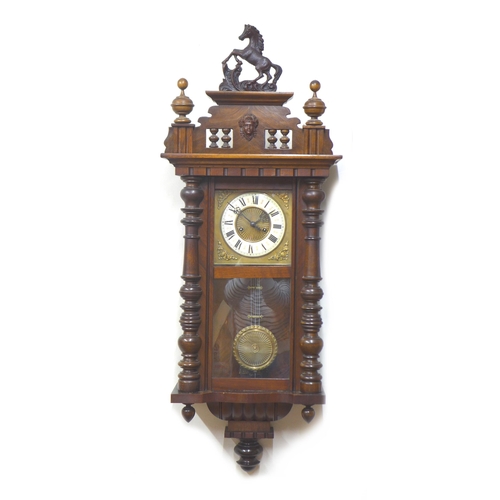 136 - A 20th century mahogany and stained pine Vienna wall clock, with resin rearing horse surmount, Roman... 